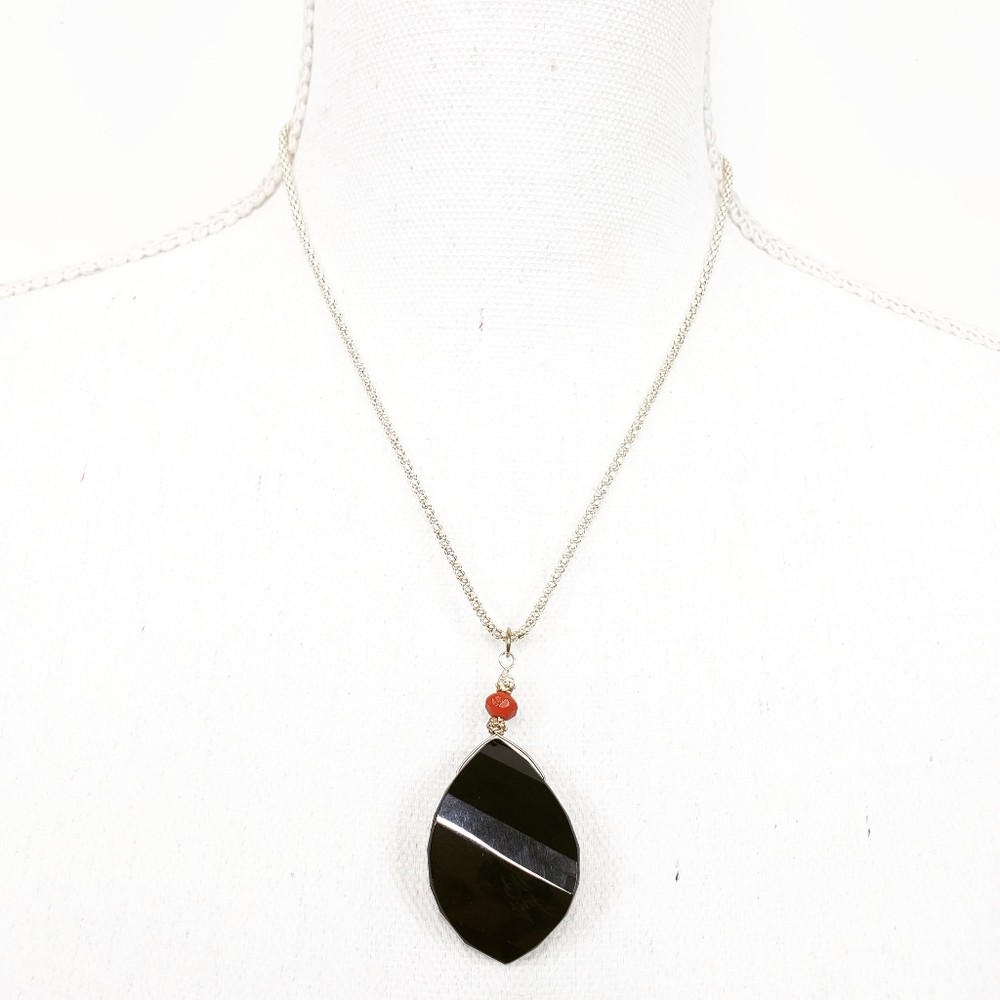 Sterling Silver Italy Chain Black Pendant Necklace